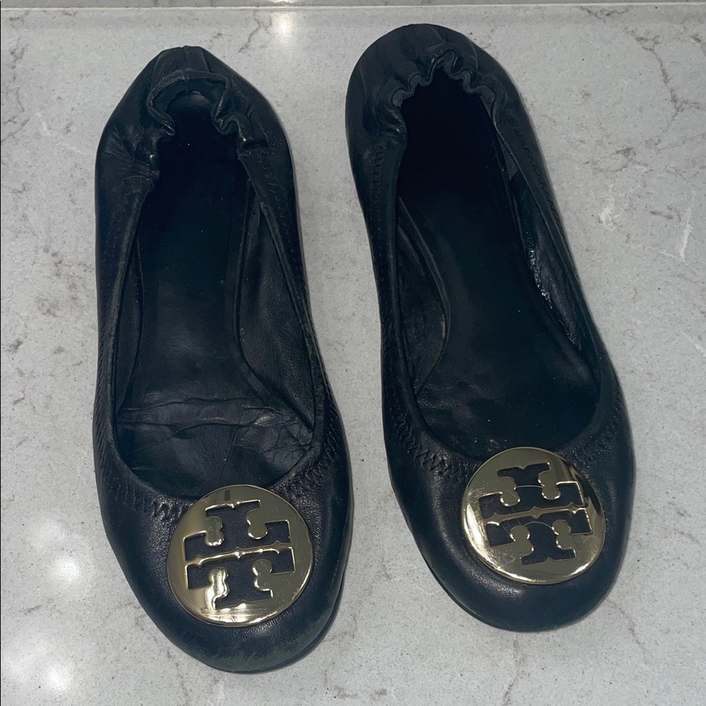 Tory Burch Black Flats with Gold Logo - Ballet Reva